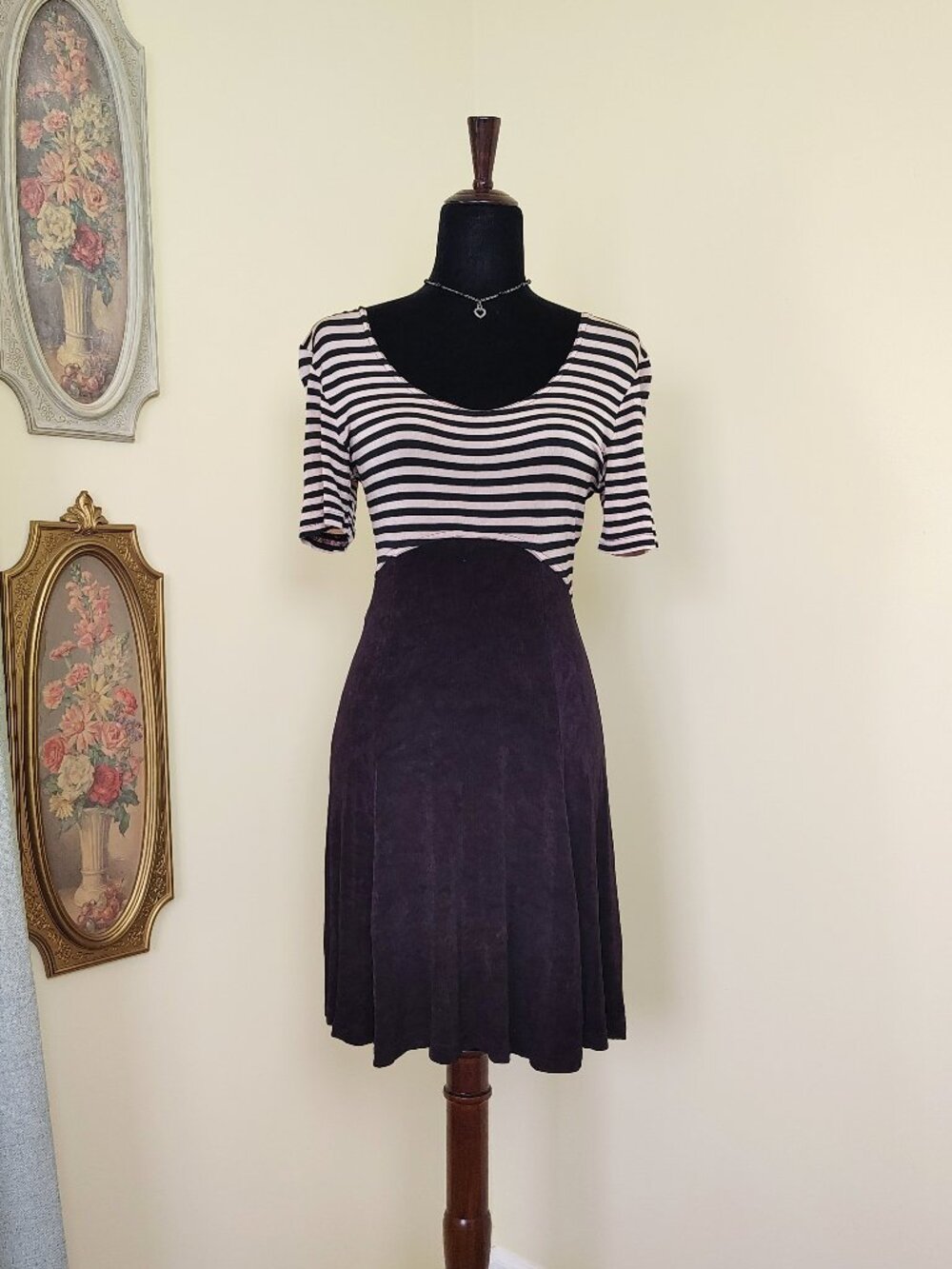 Vintage 90s Cream & Black Striped POSSESSED Slinky Grunge Skater Mini Dress